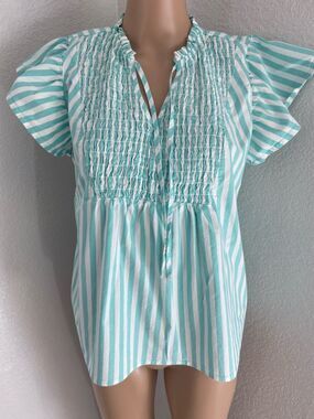 Candace Cameron Bure Mint & White Striped Flutter Sleeve cotton blend Blouse
